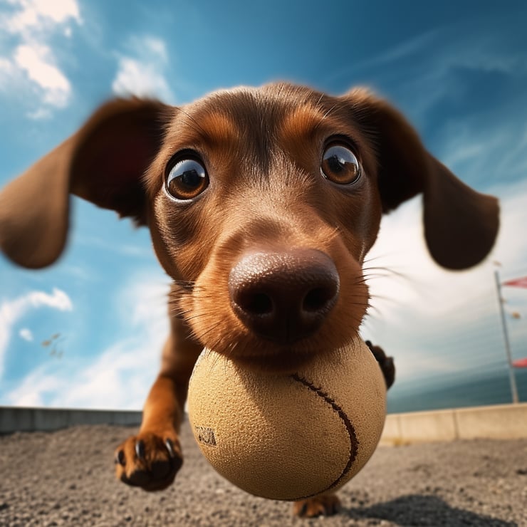 GoPro close up shot of a brown dachshund dog with a ball in its mouth