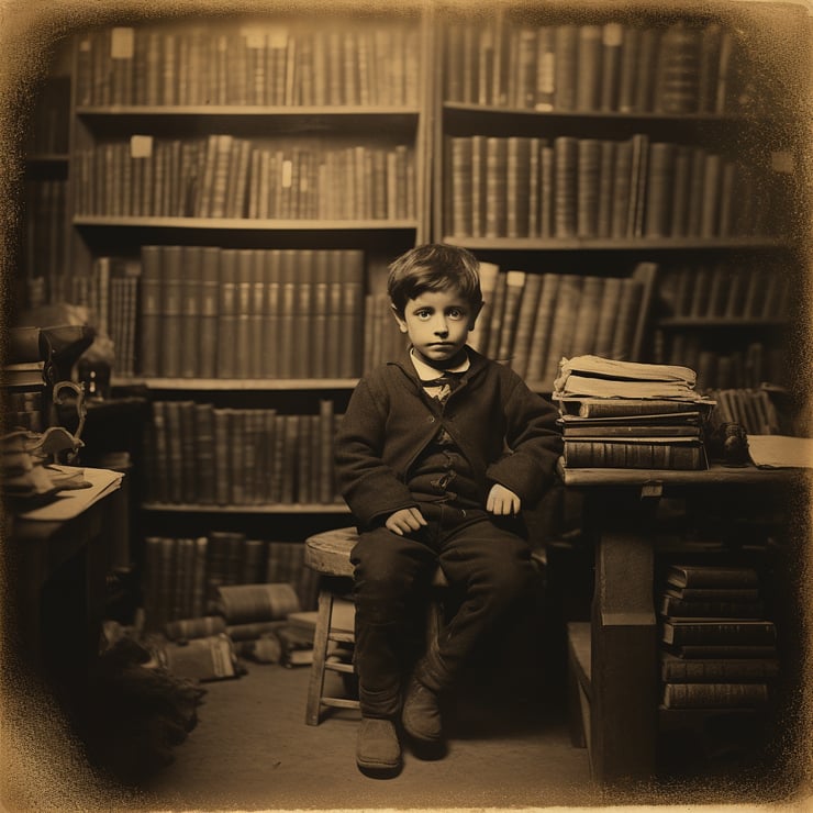 calotype photo of a child sitting in a library