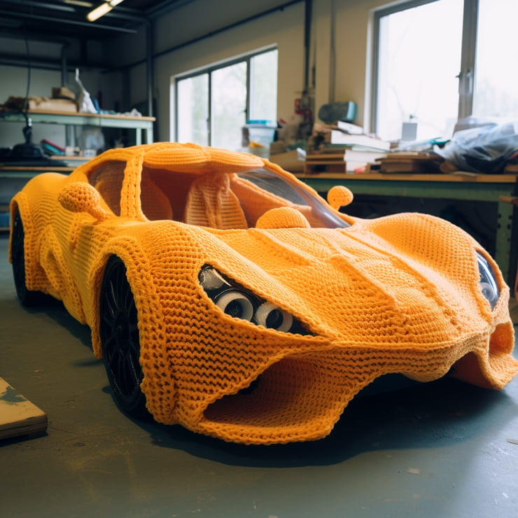 a premium sports car made out of yarn