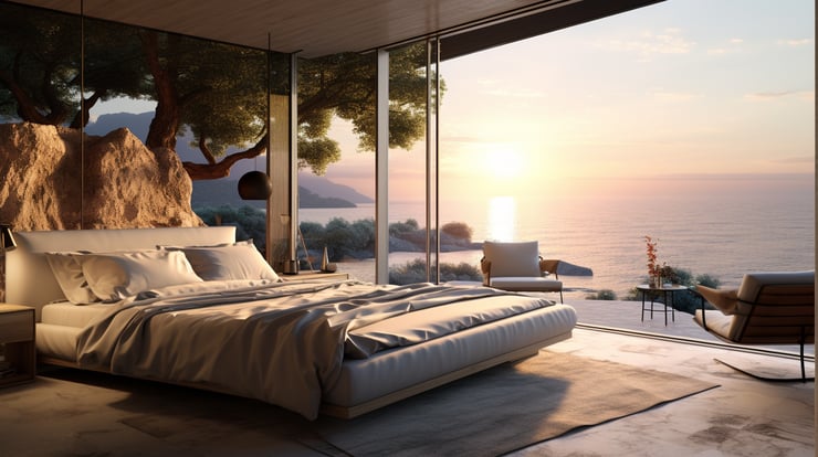 a comfy bedroom in a modern house on a cliff