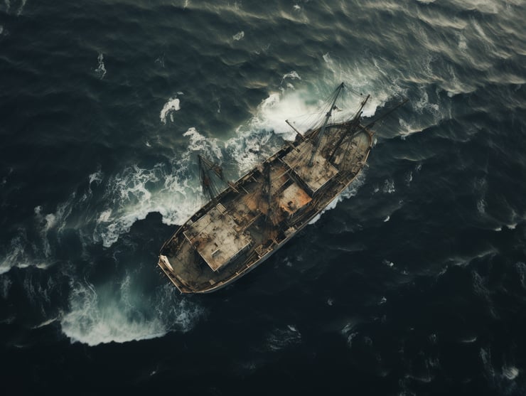 drone view of a shipwreck in the middle of a stormy ocean
