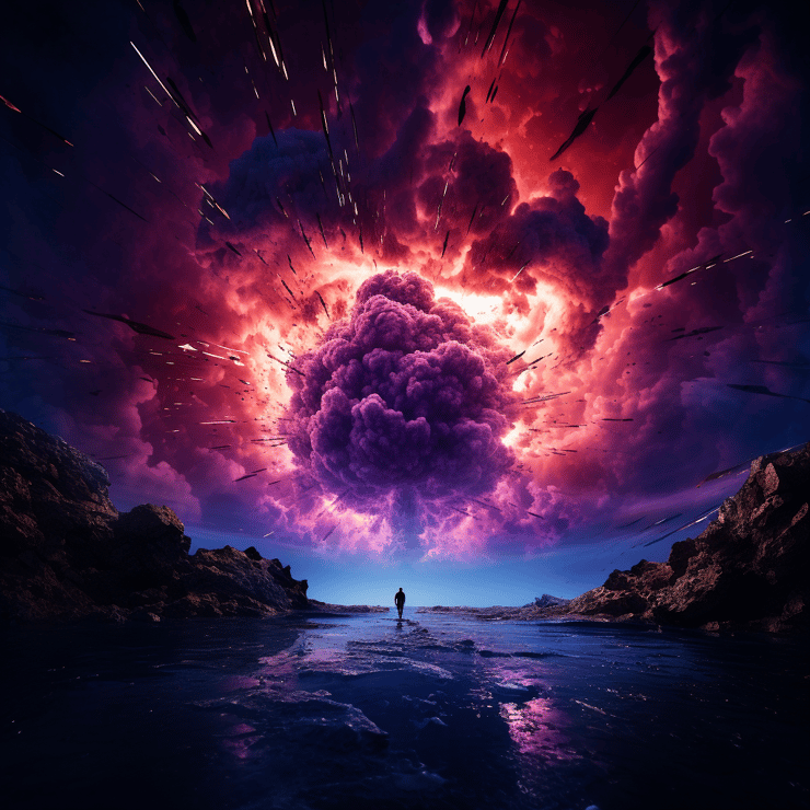 atomic bomb explosion, blue and purple, cinematic, underwater shot, using Canon EOS-1D X Mark II camera with a Canon EF 8-15mm f/4L Fisheye USM lens in an underwater housing, artwork by Fabian Oefner
