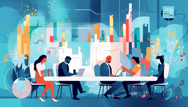 Colorful digital flat illustration of a group of people in business clothes sitting and talking to each other in a meeting room in a modern office