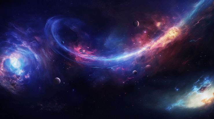 purple and blue galaxy image, planets nearby, shooting star, surreal