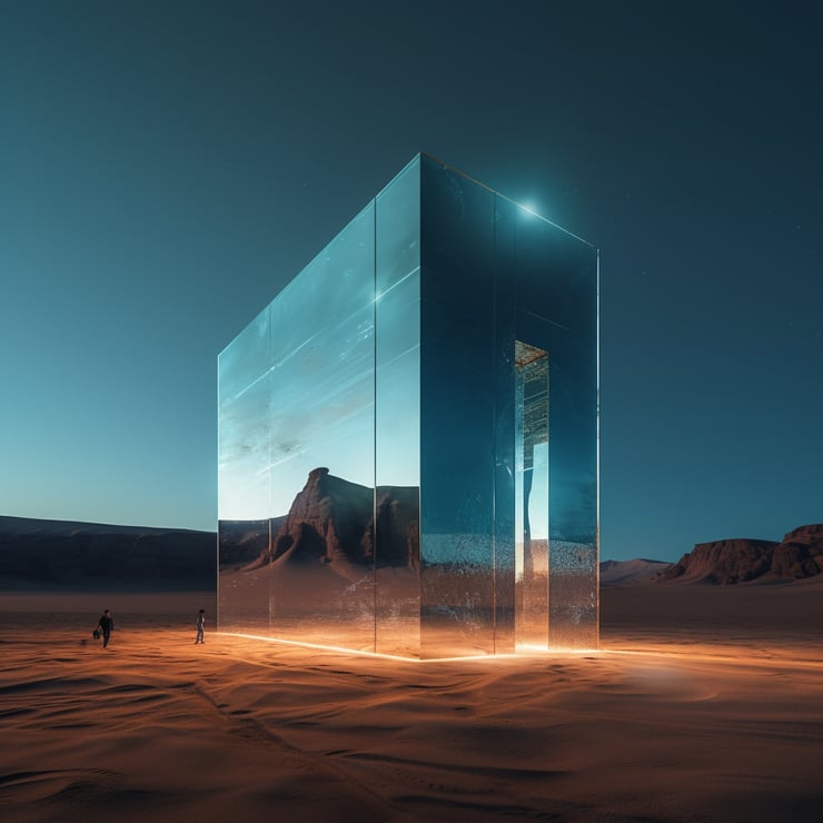 A glass building in the middle of the dessert