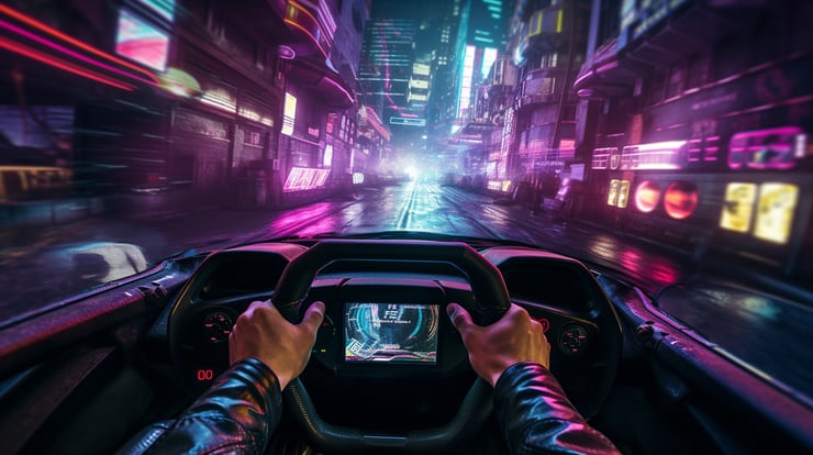 driving through a futuristic neon city like in Bladerunner