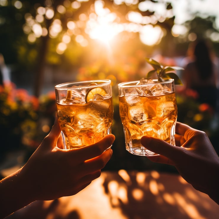 close up shot of hands toasting drinks