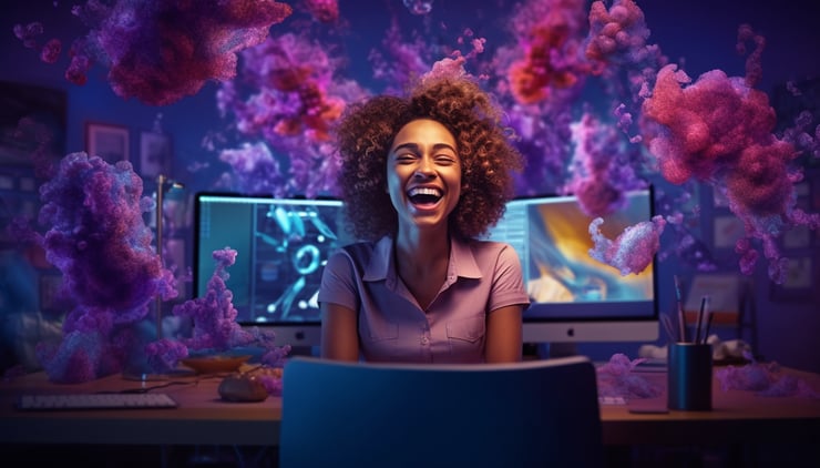 Wide shot of a happy professional woman in late 30s smiling and working in a modern office
