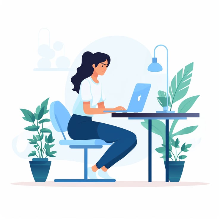 White background, woman sitting at the desk and working on laptop