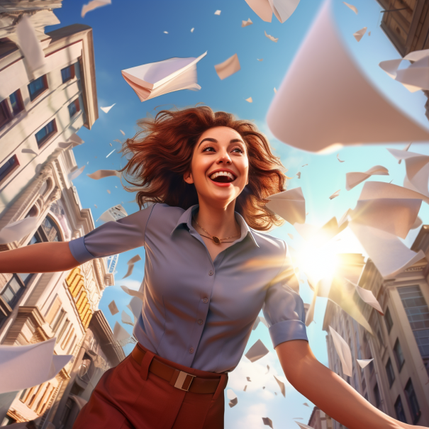 Cinematic shot, action scene of a joyful woman