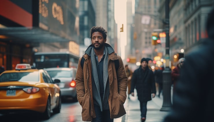 man walking down a busy street in New York, cinematic 