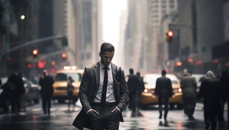 man walking down a busy street in New York, desaturated