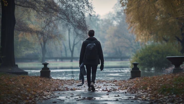 a young man walking alone in the park