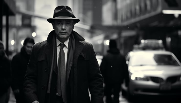 man walking down a busy street in New York, noir