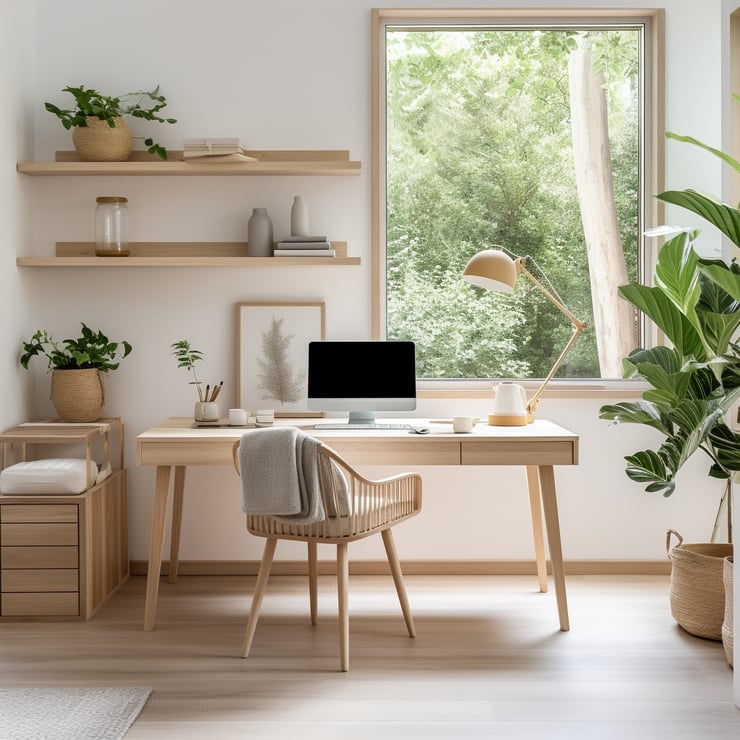 Minimalist home office, plants, light wood accents, neutral color palette