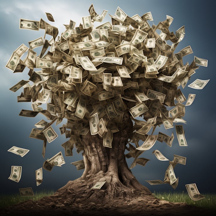 Dollar bills growing on a tree