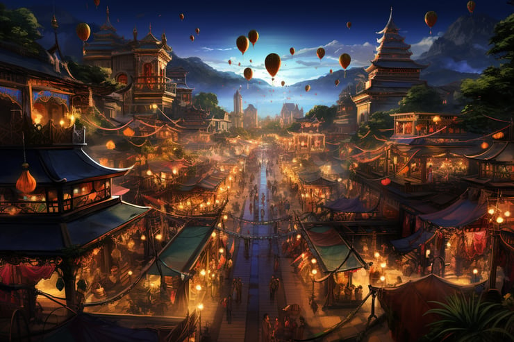 A beautiful night market in Thailand in the style of poster art