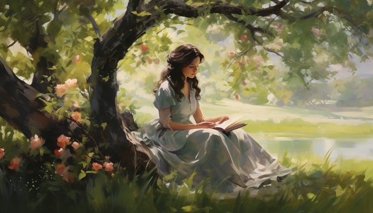 A painting of a young woman sitting under a tree