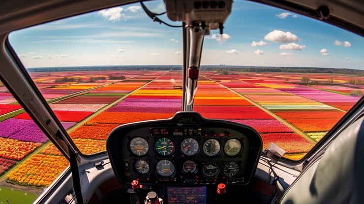 A pilot's view overlooking the tulip fields in the Netherlands