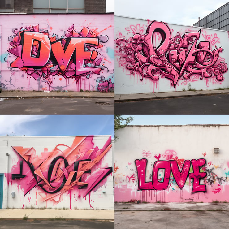 Pink graffiti on a white wall saying L O V E