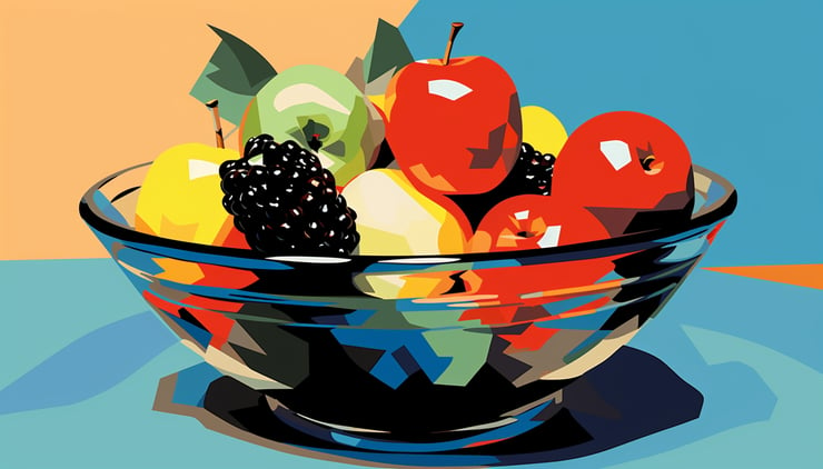 A poster of a bowl of fruits