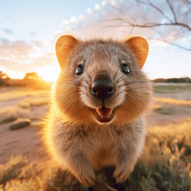 photo of a cute, adorable quokka, golden hour