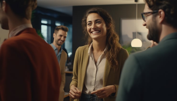 Full long shot of real natural diverse people meeting and greeting each other, casual photograph with a candid and happy mood