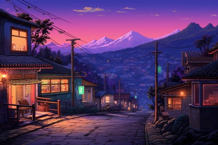  a small Korean village, in the style of a 1990s