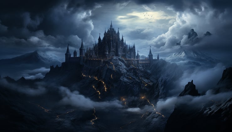 Surreal landscape of a massive foreboding castle