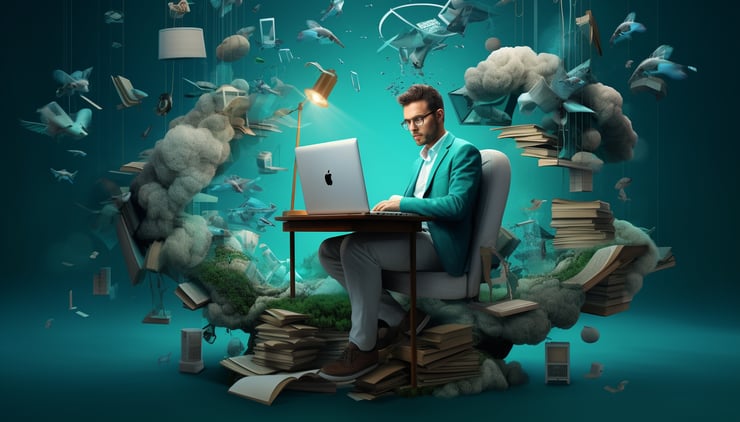 surreal image of a man using his laptop