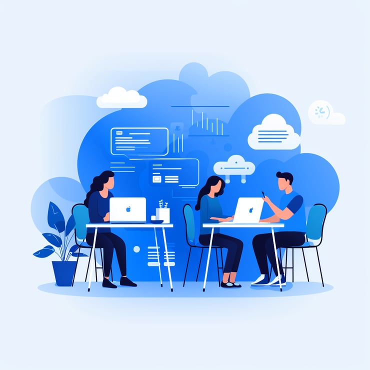 Minimalist digital flat illustration of a group of people working on their computers