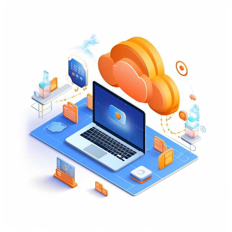 A clean and minimalist isometric icon of a laptop, elements depicting data