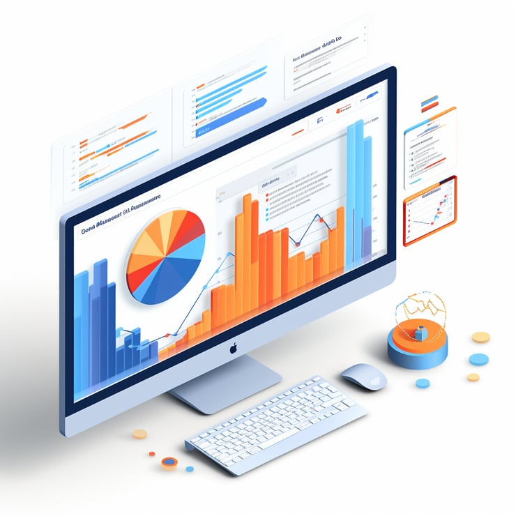 A clean and minimalist isometric icon of a laptop, elements depicting data
