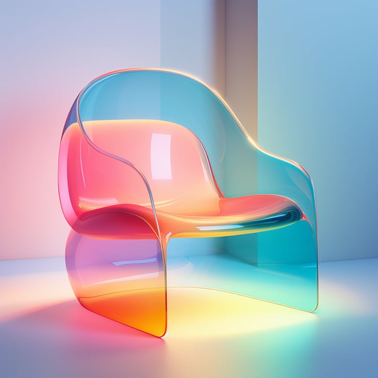a transparent chair, 3d illustration with 4 colors, in the style of pastel toned, Hiroshi Nagai