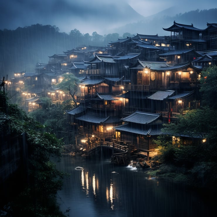 view of a village with many lights in the buildings