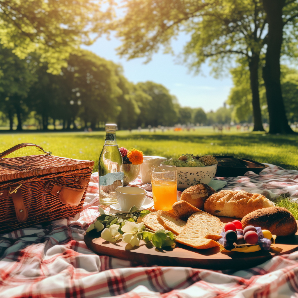 A warm and sunny Sunday morning picnic at a park
