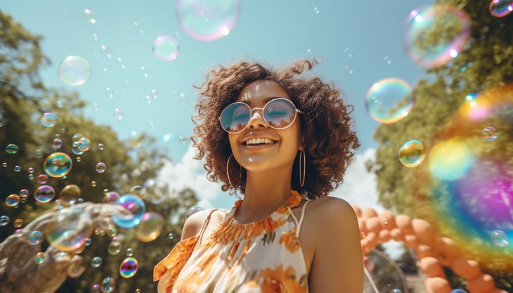 woman in her 20s, looking happy and relaxed at a park during daytime