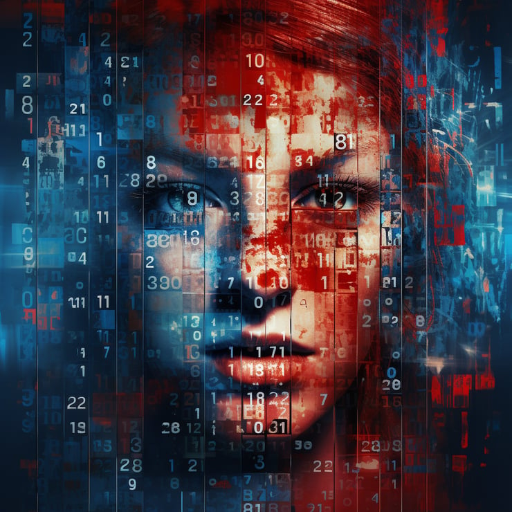 screen code numbers texture, seamless, generative designed, double exposure portrait, blue and red colour palette
