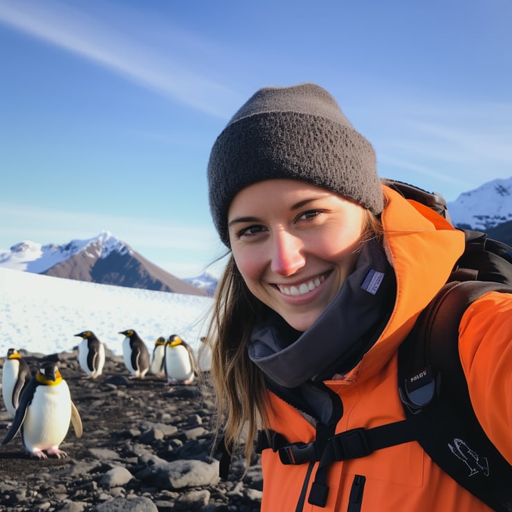 a young woman taking a selfie with a penguin in the Antarctic