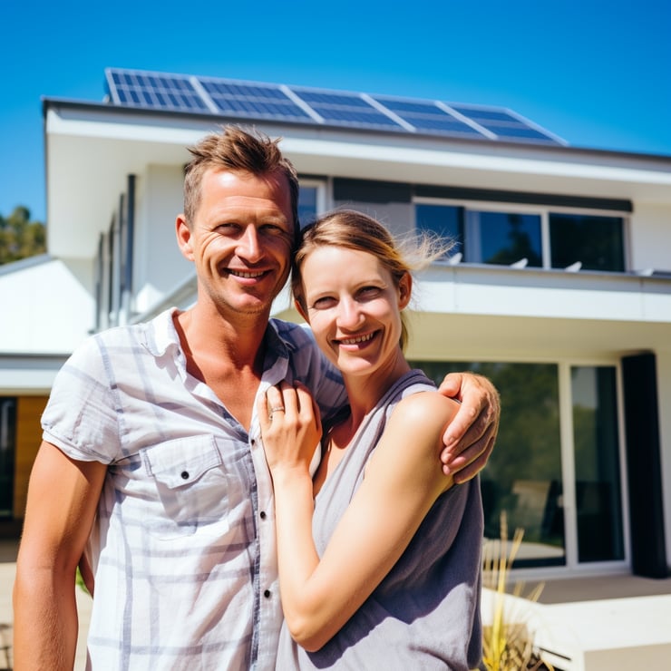 happy Australian couple posing for the camera with solar panels installed in the background