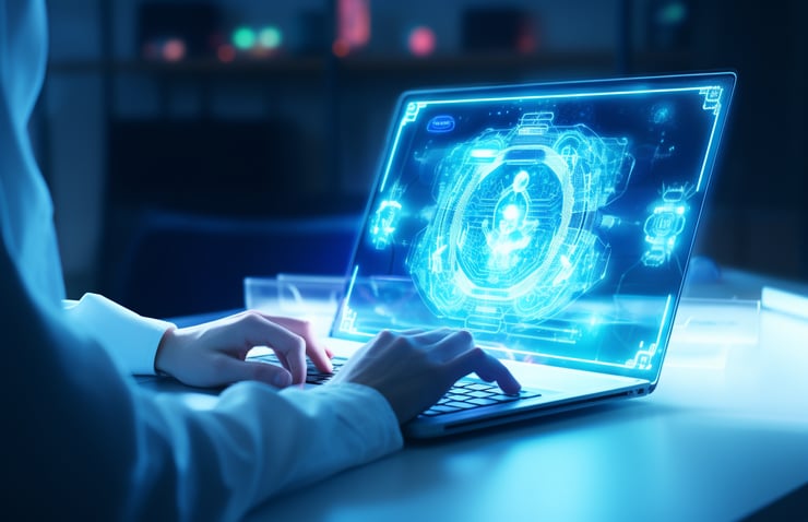 a person using a laptop computer with a secure icon