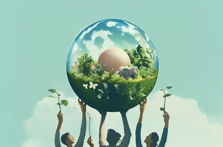  a group of people with hands holding up a green flag, plant, and an earth, in the style of ethereal illustrations, light gray and sky-blue, use of paper, naturecore, minimalistic objects, multiple filter effect, maximalist 
