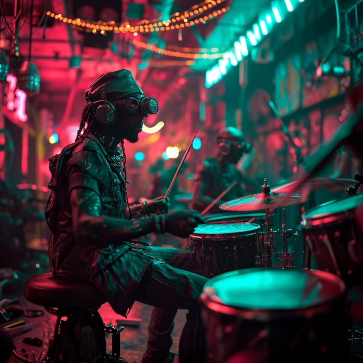 Group of drummers, steampunk theme