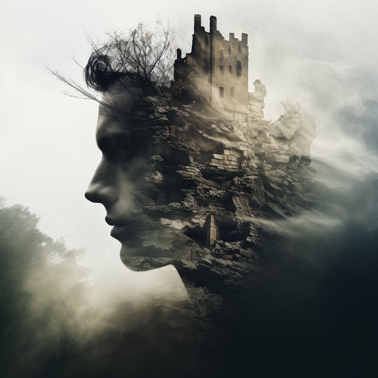 Double exposure of a knight's face and a castle