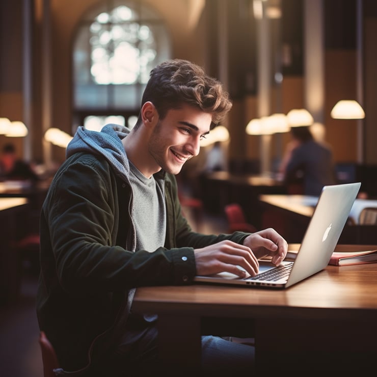 young adult happily studying with laptop in a college library