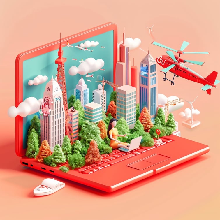 3D isometric view of a red laptop open, cityscape