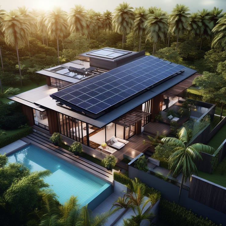  aerial shot of a modern house with solar panels on the roof