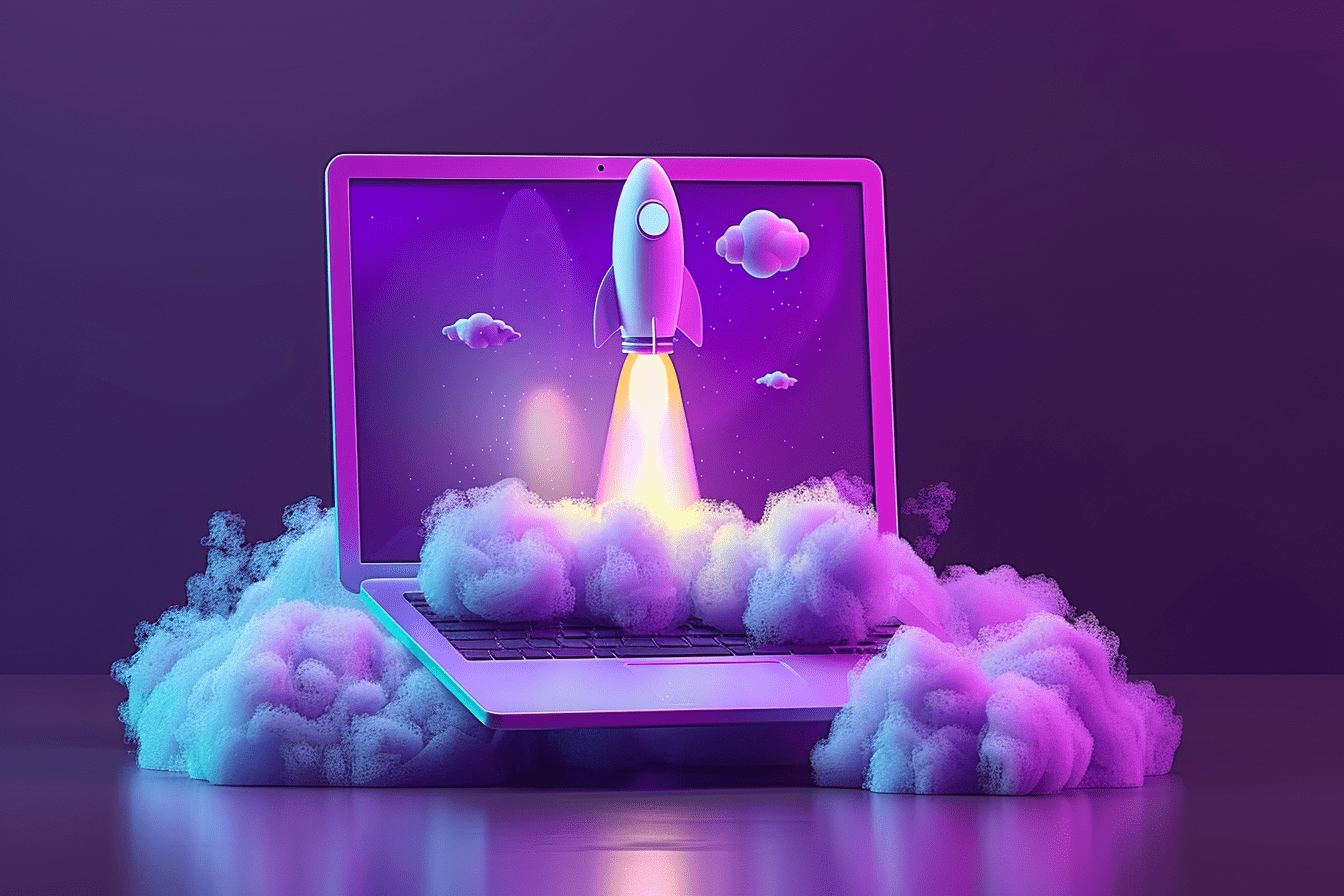 Wide view Laptop with a rocket taking off from screen