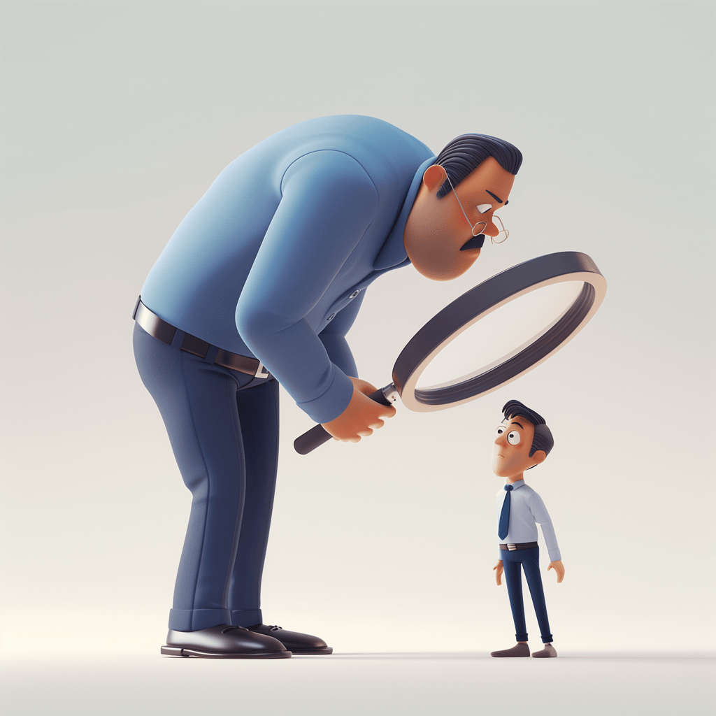 CEO character bending down holding a magnifying glass looking at his employee