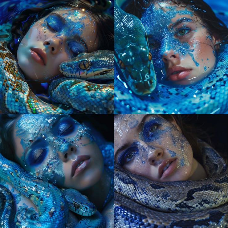 a woman with blue paint on her face lying on a snake